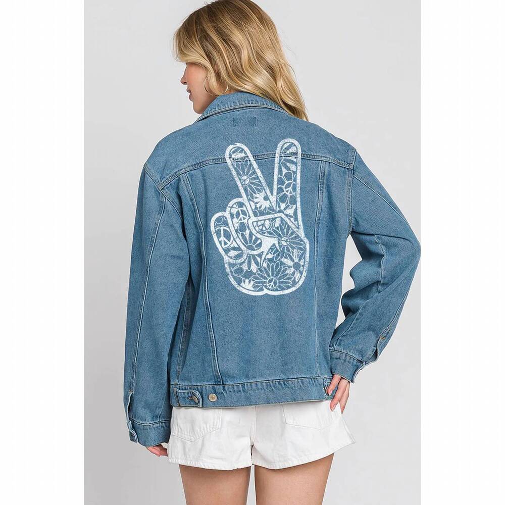NEW HRT & LUV graphic back peace hand boyfriend denim jacket in blue